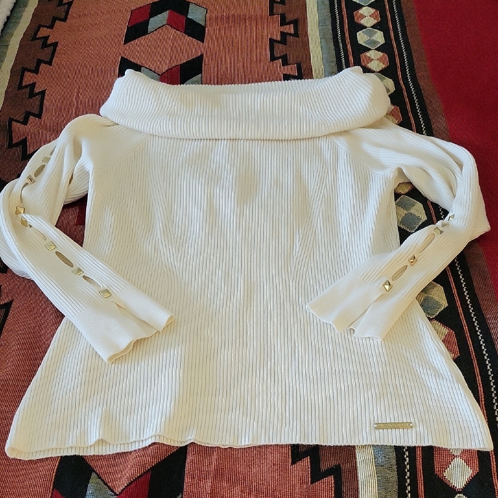 Michael Kors Ivory Off The Shoulder Sweater with Gold Metallic Details.